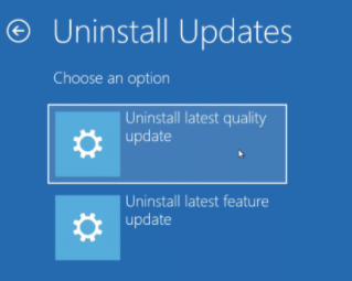 Obrazovka Uninstall Updates s volbami odinstalovat poslední kvalitativní nebo poslední funkční aktualizaci