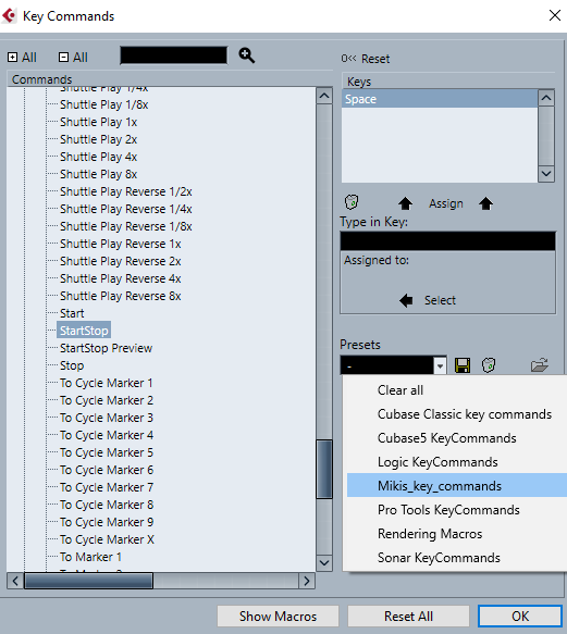 Okno Key Commands v Cubase Pro se seznamem příkazů a rozbalenou nabídkou Presets, kde je vybraný vlastní uložený profil zkratek
