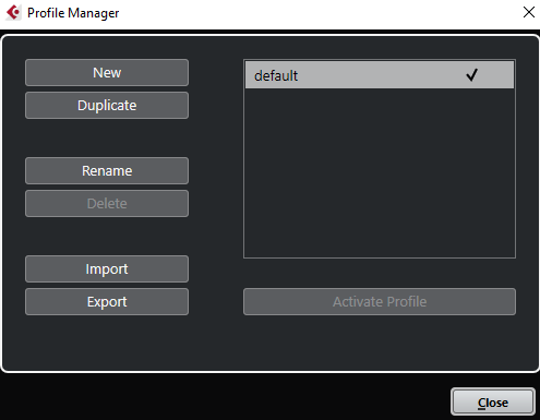 Okno Profile Manager v Cubase Pro s profilem default a tlačítky New, Duplicate, Rename, Import a Export