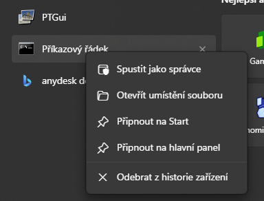 Kontextová nabídka u Příkazového řádku ve vyhledávání s volbou Spustit jako správce