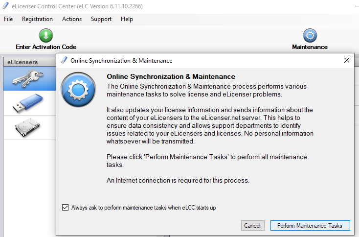 eLicenser Control Center s otevřeným oknem Online Synchronization & Maintenance a tlačítkem Perform Maintenance Tasks