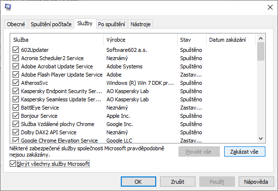 msconfig, karta Služby se zaškrtnutým Skrýt všechny služby Microsoft a tlačítkem Zakázat vše