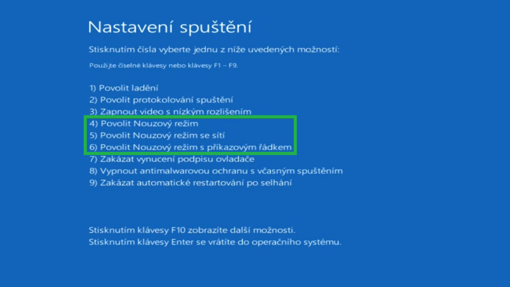 Obrazovka Nastavení spuštění s devíti očíslovanými volbami; zvýrazněné jsou 4) Povolit Nouzový režim, 5) se sítí a 6) s příkazovým řádkem