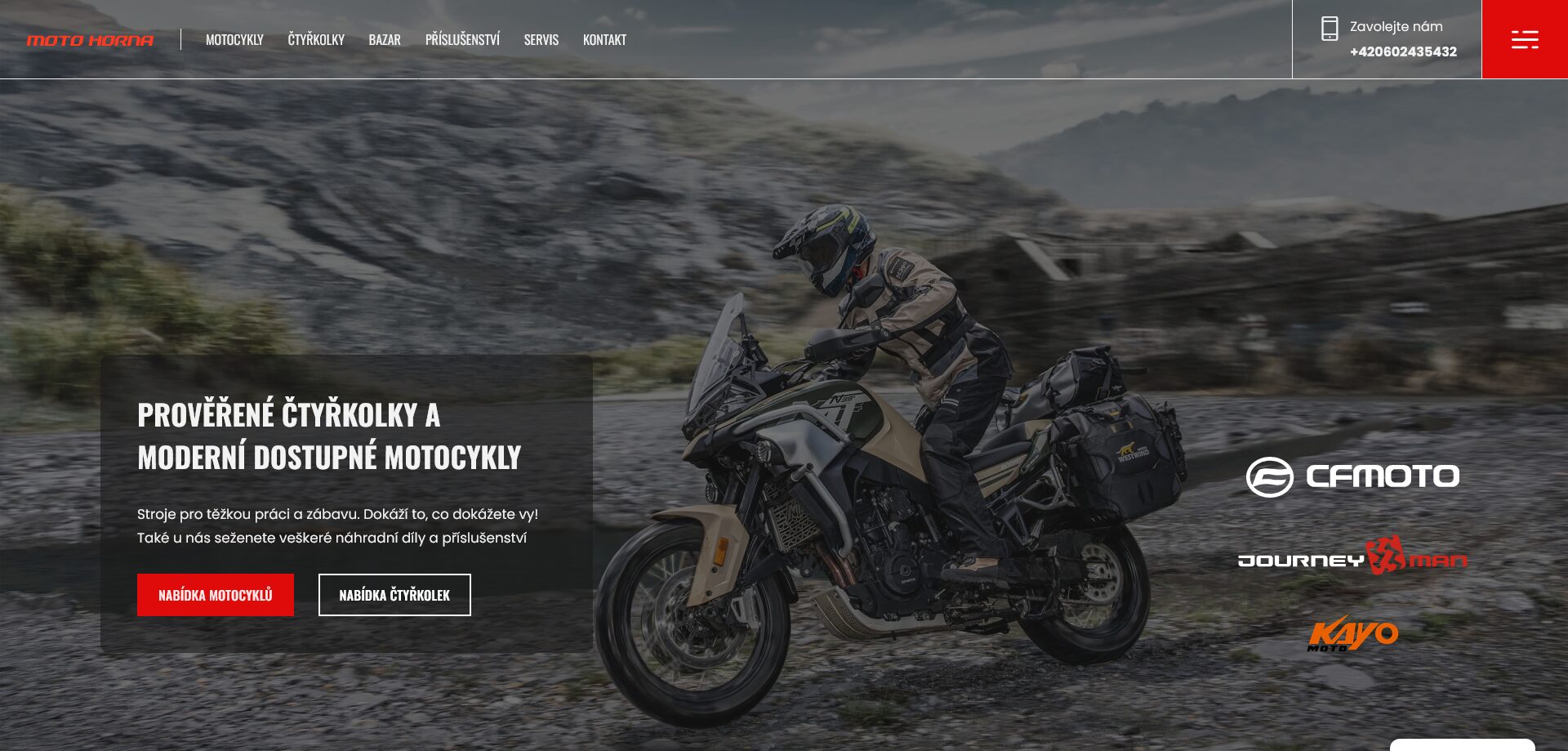 Homepage webu Moto Horna — motorkář na cestovním enduru v kamenitém terénu a hlavička s nabídkou motocyklů a čtyřkolek