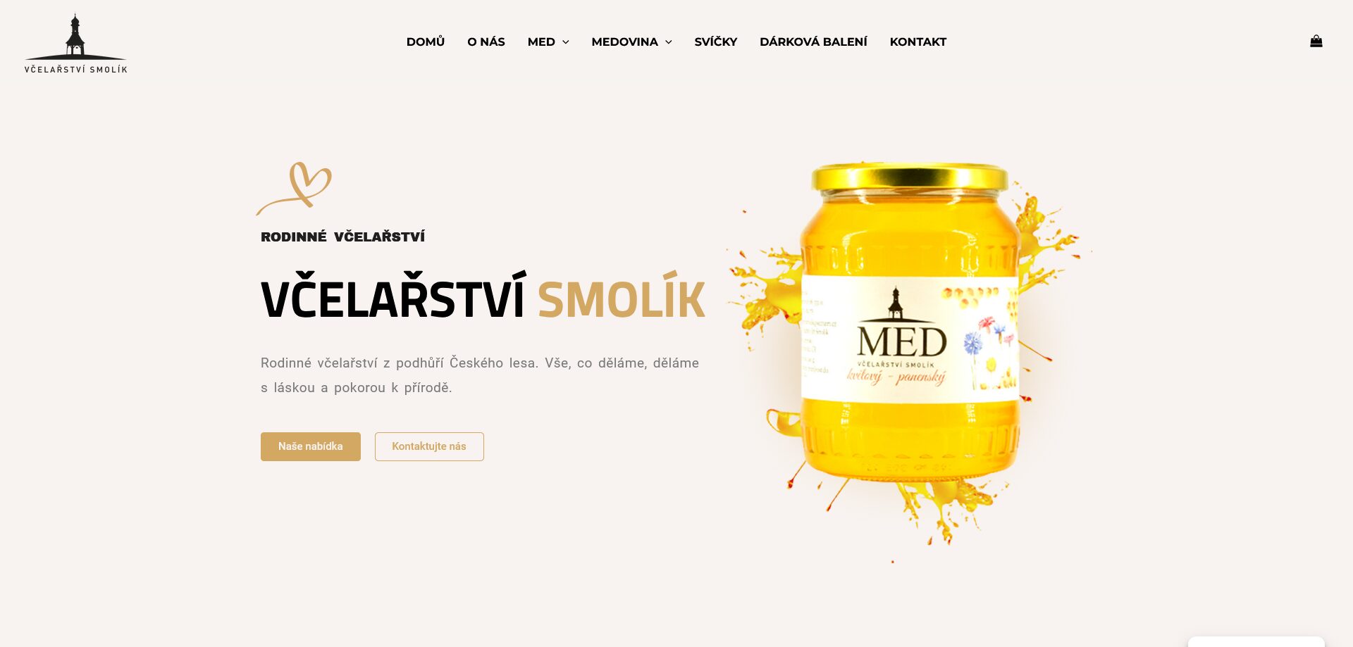 Homepage webu Včelařství Smolík — sklenice květového medu a text o rodinném včelařství z podhůří Českého lesa